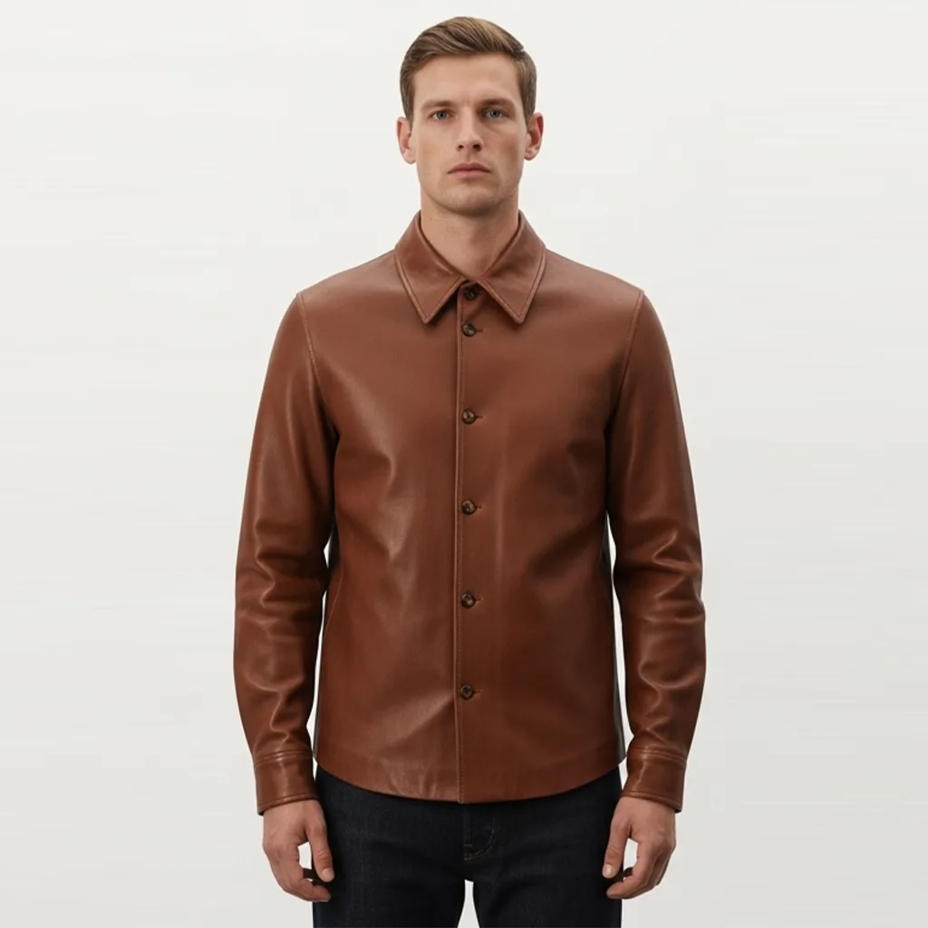 chestnut vegan leather shirt jacket chestnut shield front view