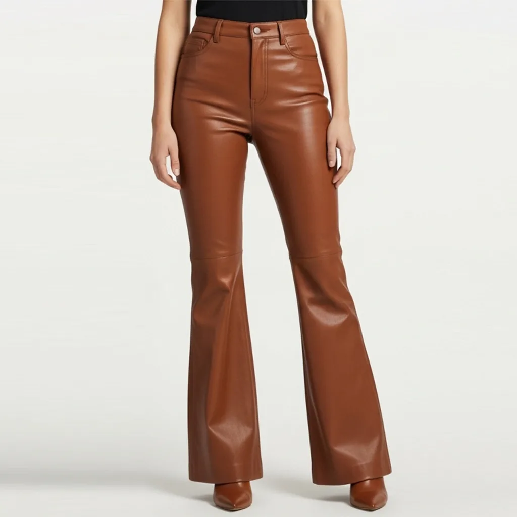 cognac flared leather pants cognac ripple front view