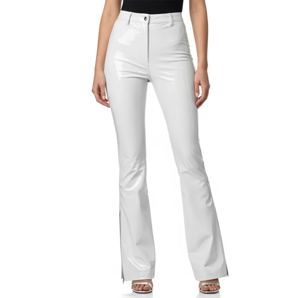 white glossy flared leather pants frosted ember front view