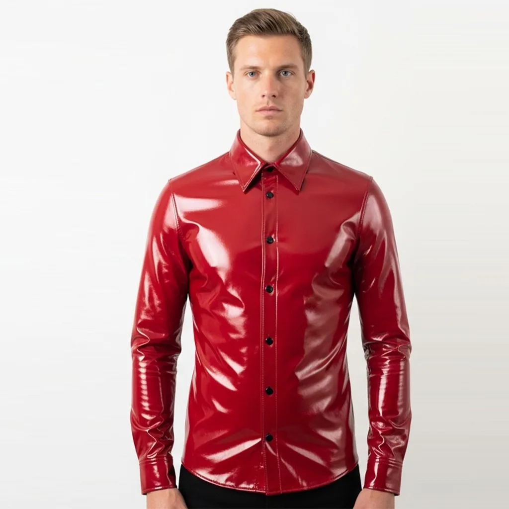 glossy crimson leather shirt crimson glint front view
