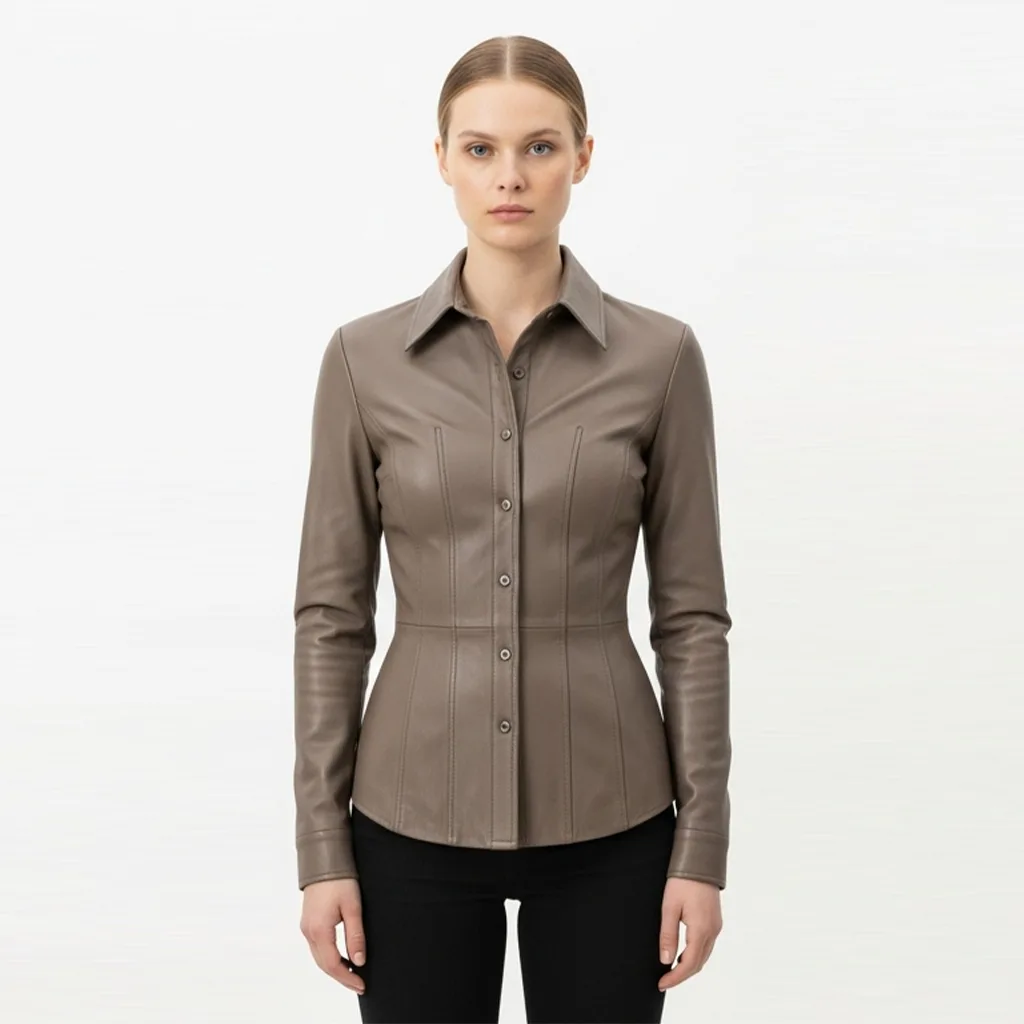 taupe fitted leather shirt taupe line front view