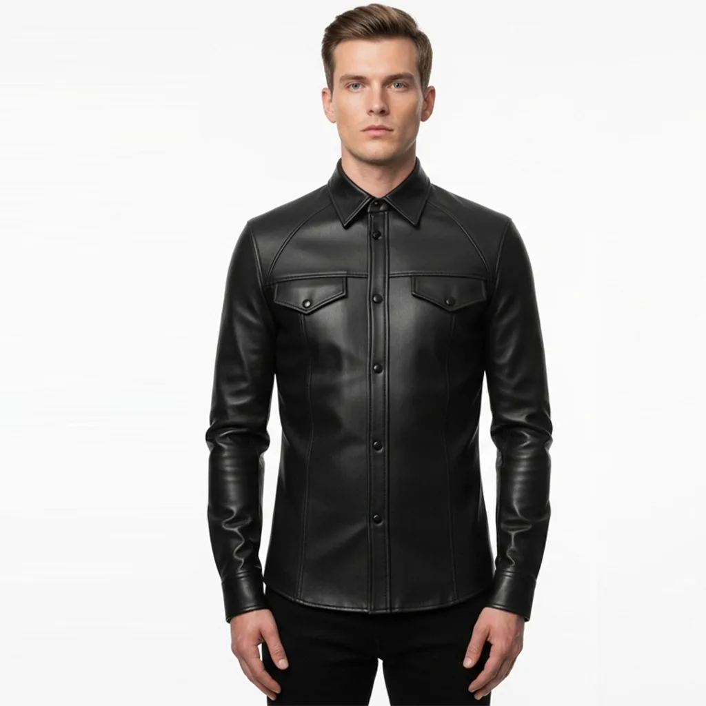 Custom Long Sleeve Leather Shirt with Dual Chest Pockets