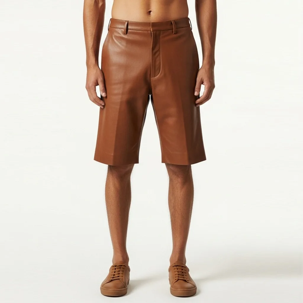 almond brown leather shorts almond strike front view