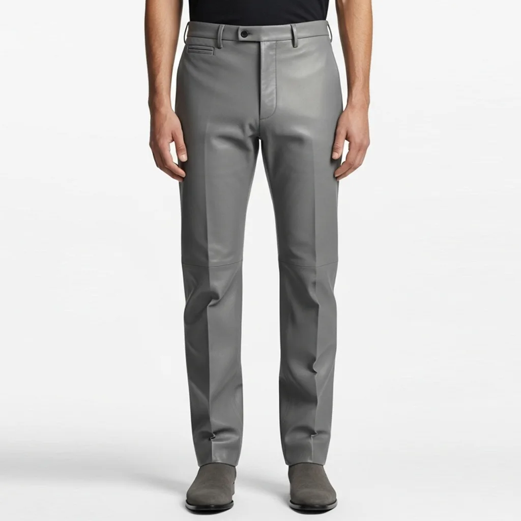 ash gray leather trousers Ash Forge Straight Leather Trousers front view