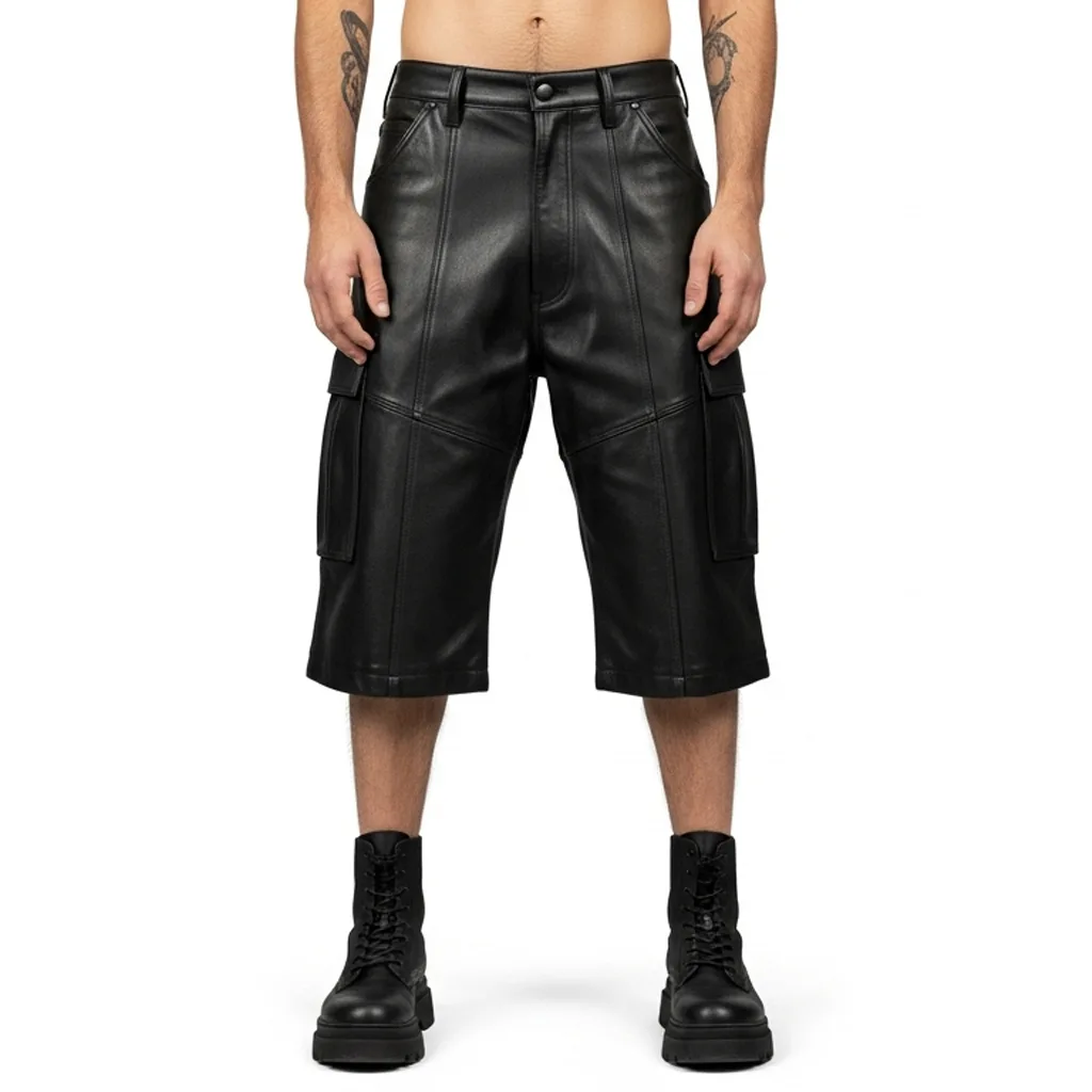 black leather cargo shorts black rift front view
