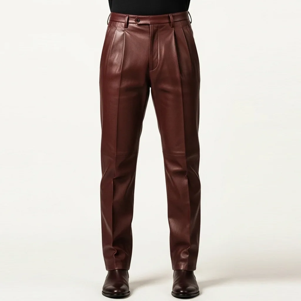 burgundy pleated leather trousers burgundy line pleated leather trousers front view