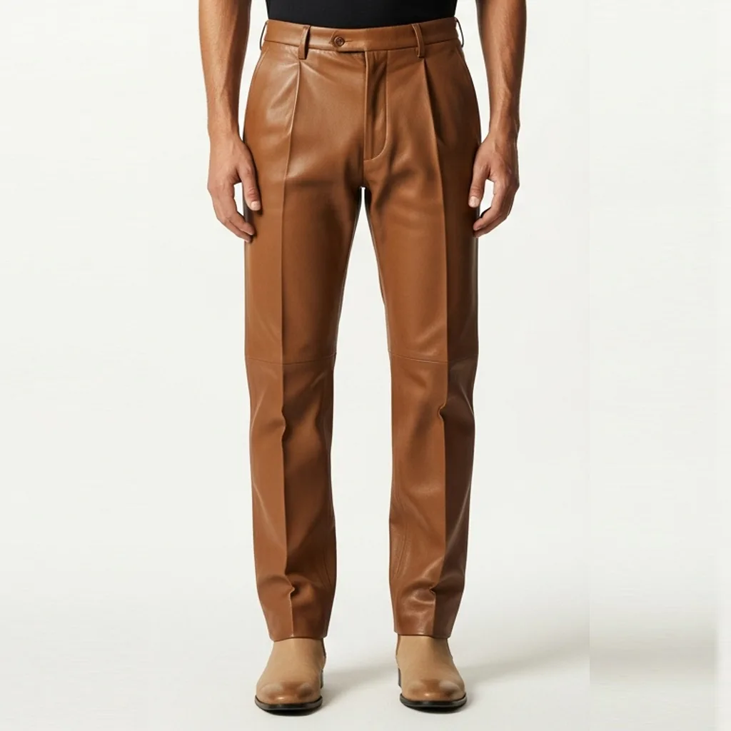 pleated camel leather trousers camel ridge front view