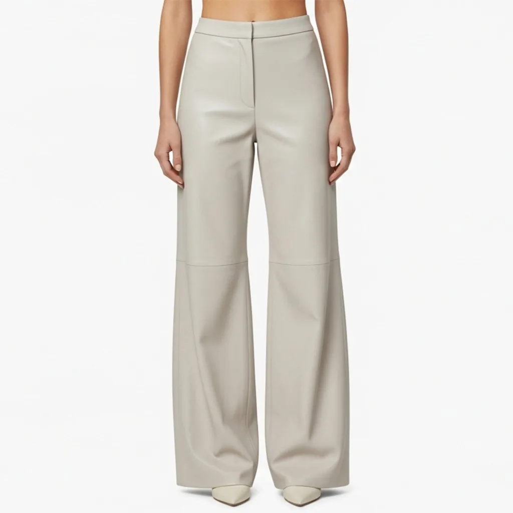 light beige wide leg leather trousers cloud dust front view