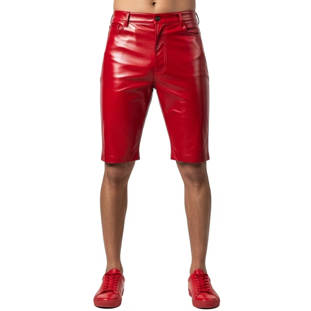 red leather shorts crimson burn front view