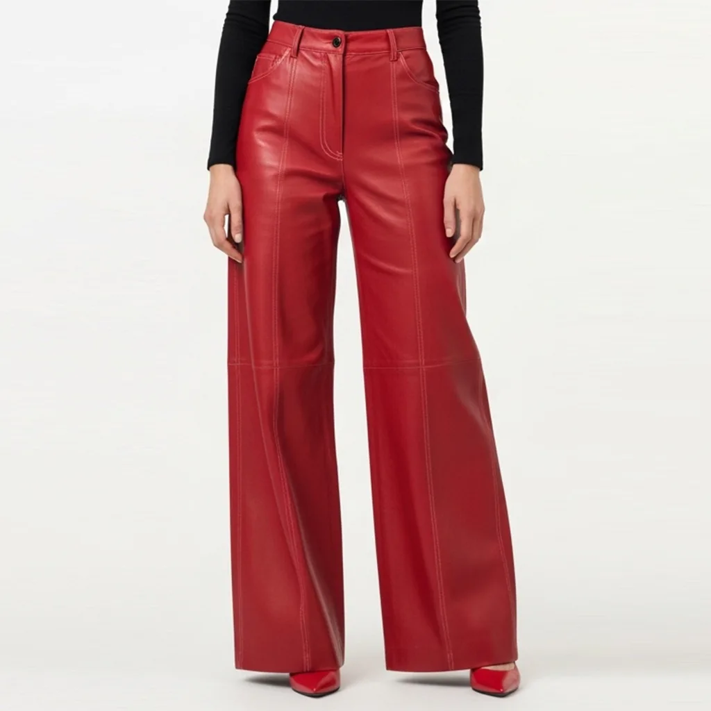 red wide leg leather trousers crimson haze front view
