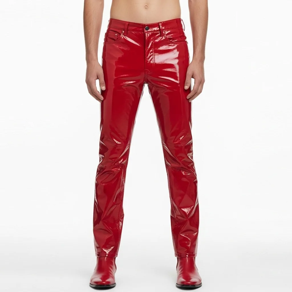 red patent leather pants crimson lacquer front view