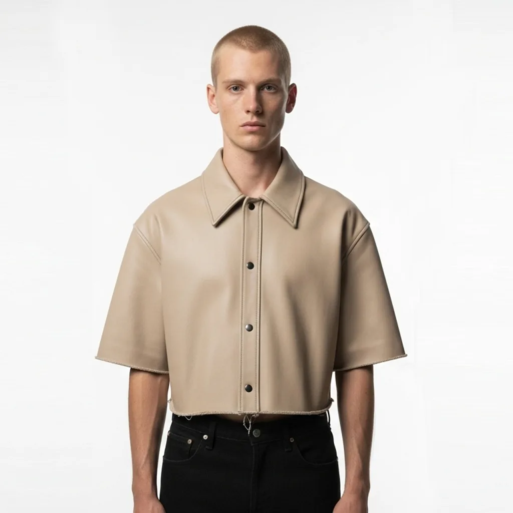 beige short sleeve leather shirt dustline croft front view
