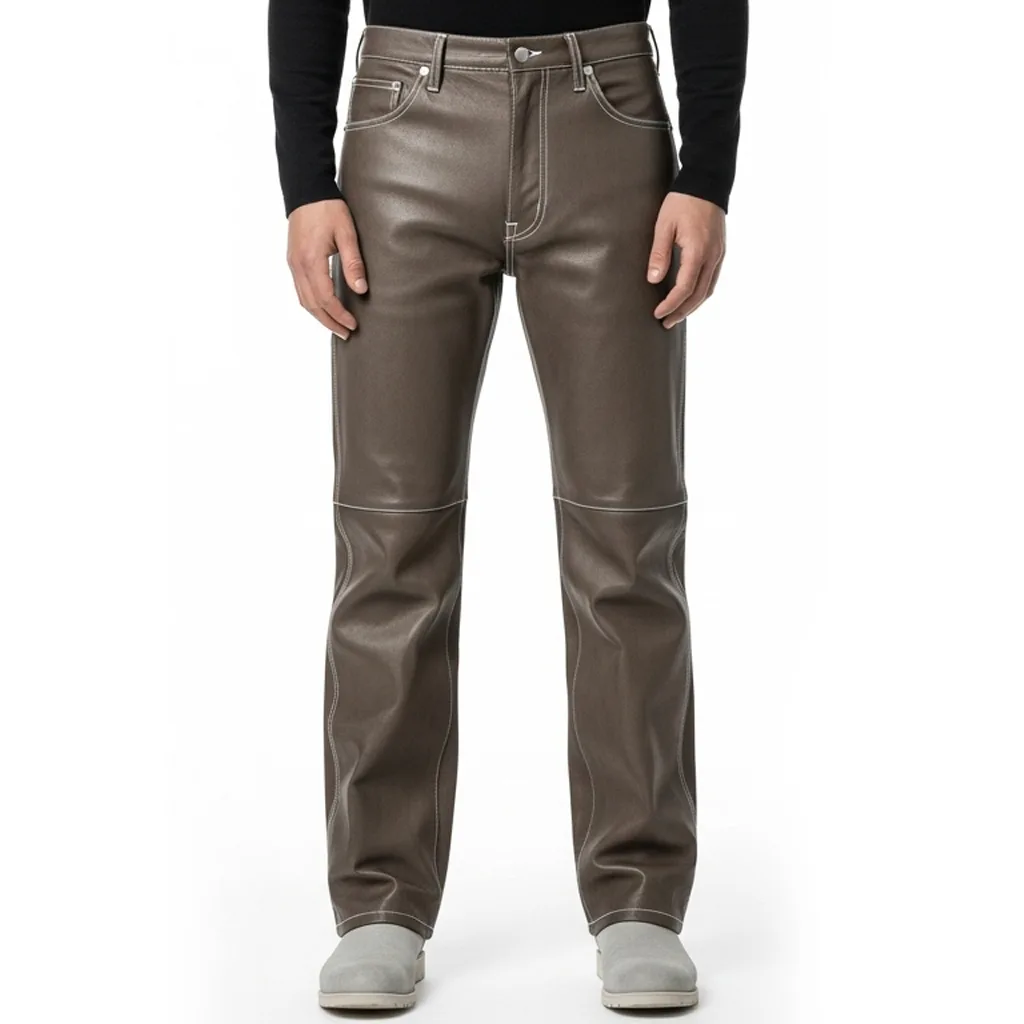 brown contrast stitch leather jeans Frostline front view