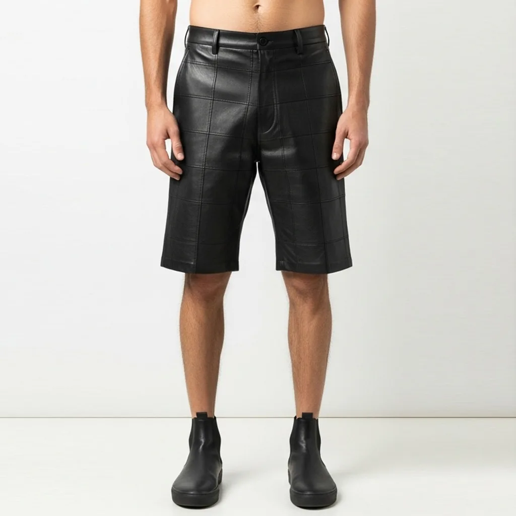 black grid leather shorts grid cut front view