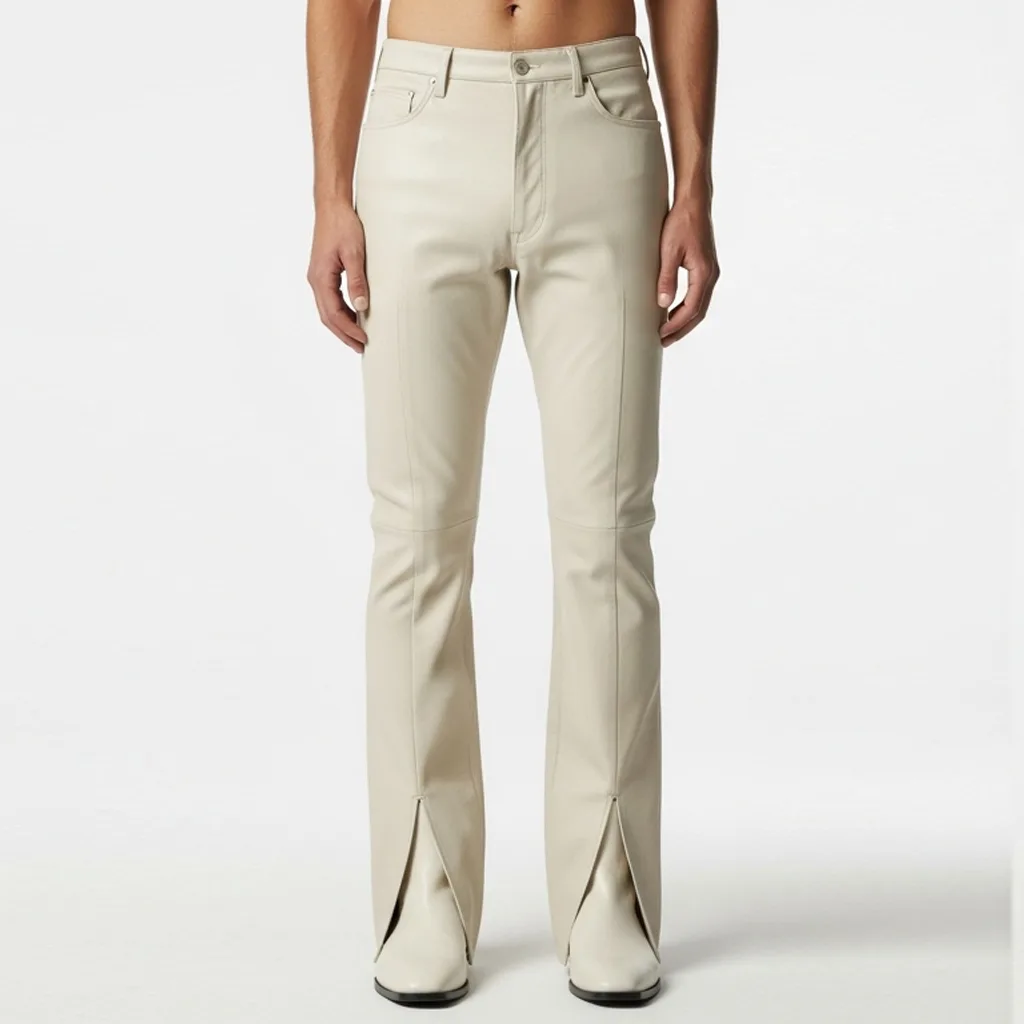 ivory leather split hem pants ivory rift split hem straight pants front view