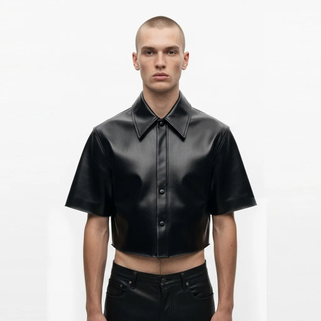 black faux leather cropped shirt jet cut front view