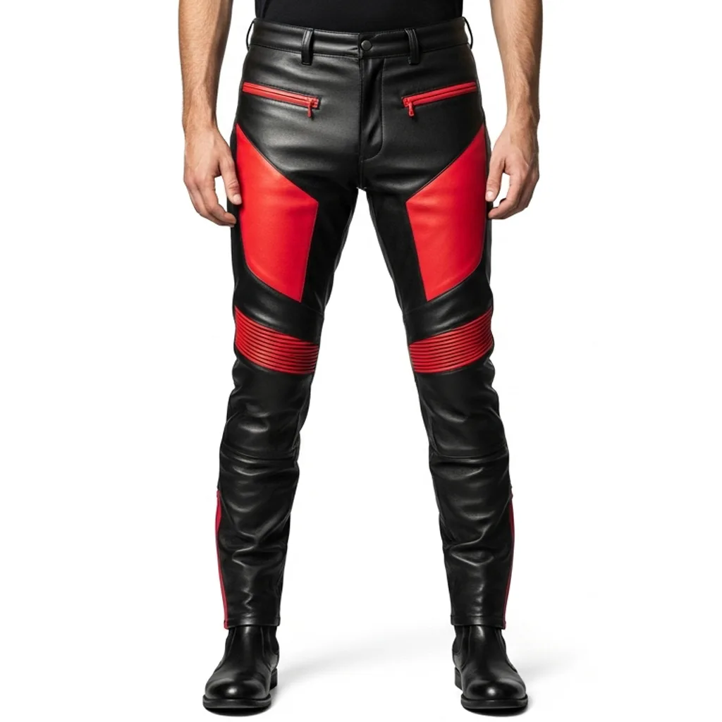 two tone black and red leather pants magma stride front view
