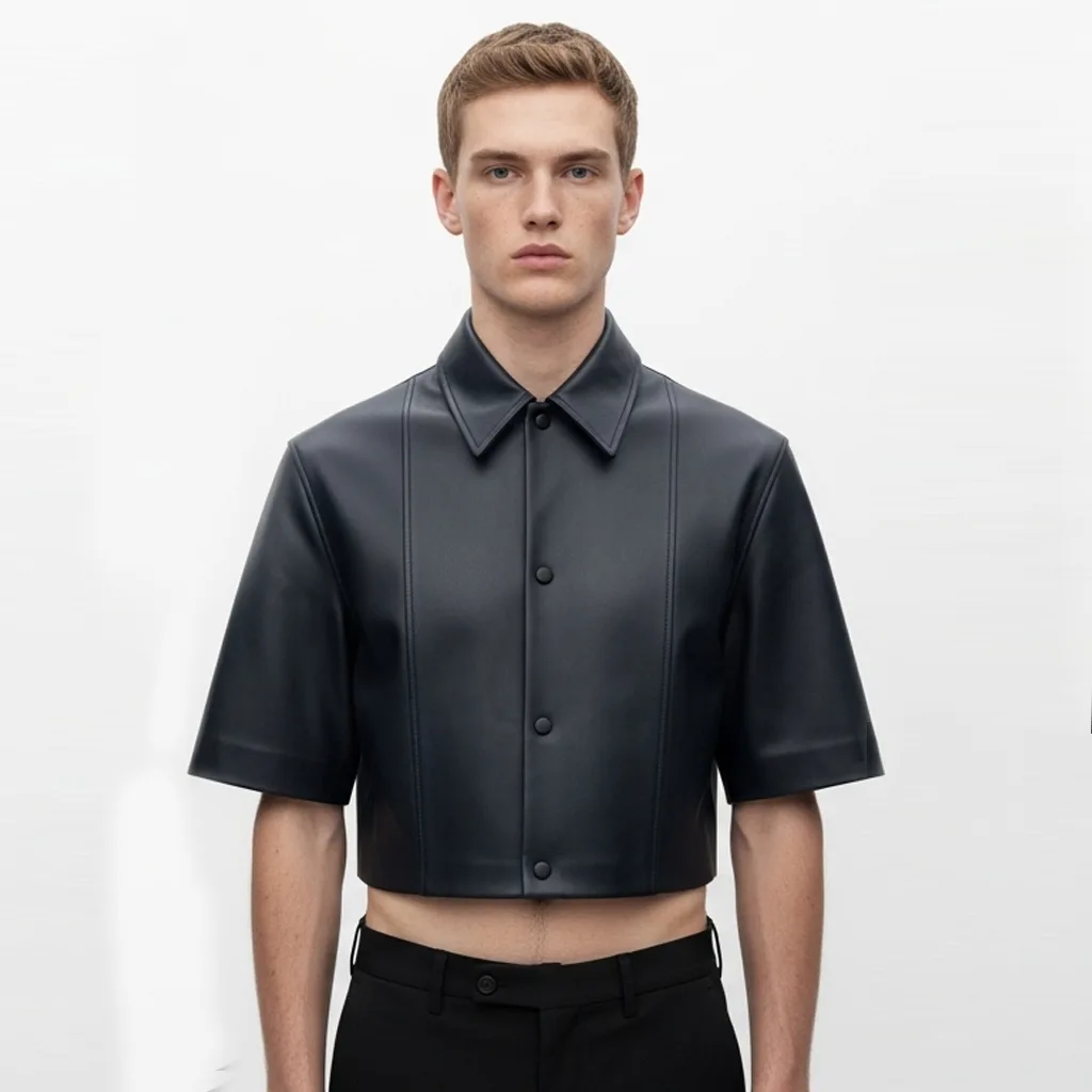 black cropped leather shirt midnight notch front view
