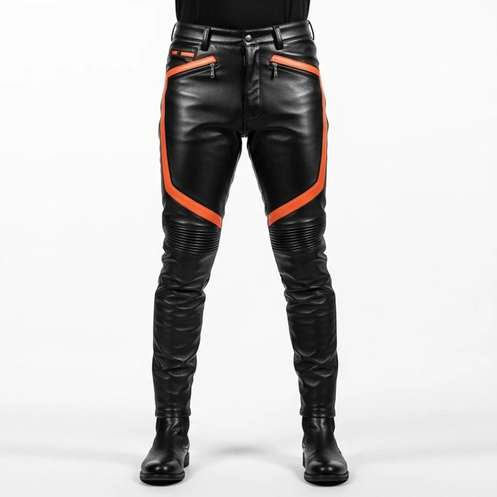 black leather pants with orange stripes molten shadow front view