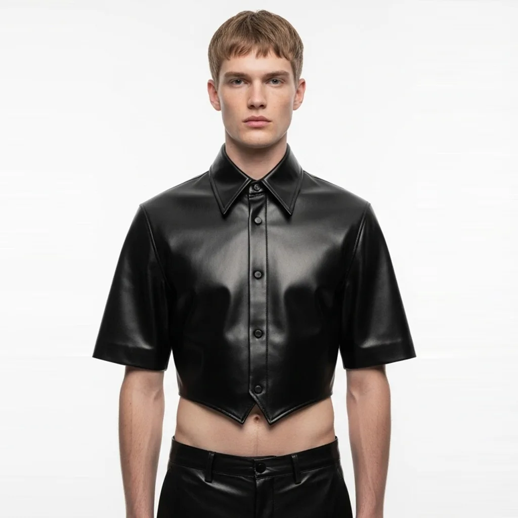 black cropped leather shirt molten tri front view