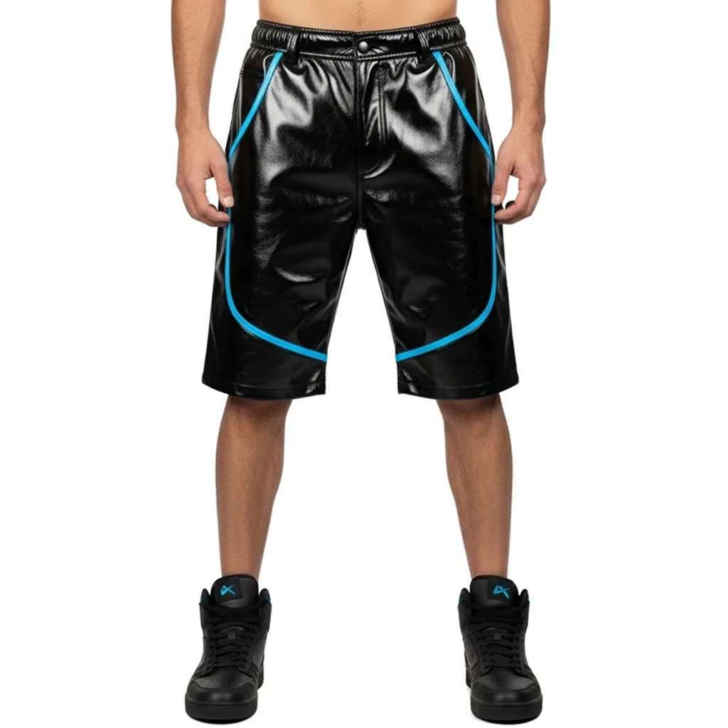 black patent leather athletic shorts neon rift front view black patent leather athletic shorts neon rift front view