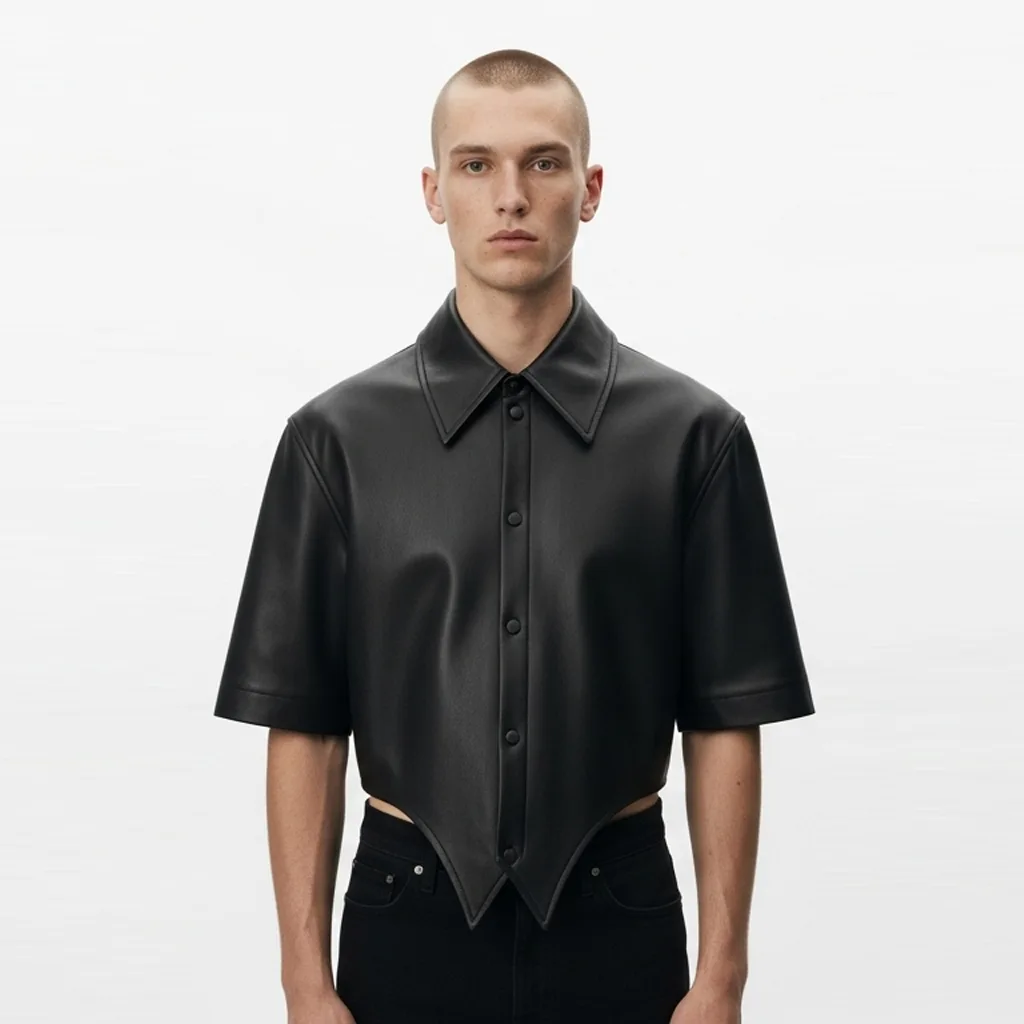 black dropcut leather shirt noir dropcut front view