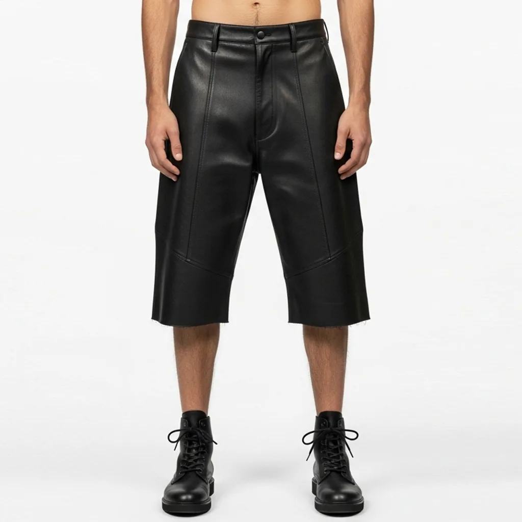 black leather below knee shorts noir edge front view