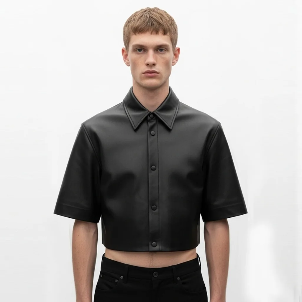black cropped leather shirt obsidian clip front view