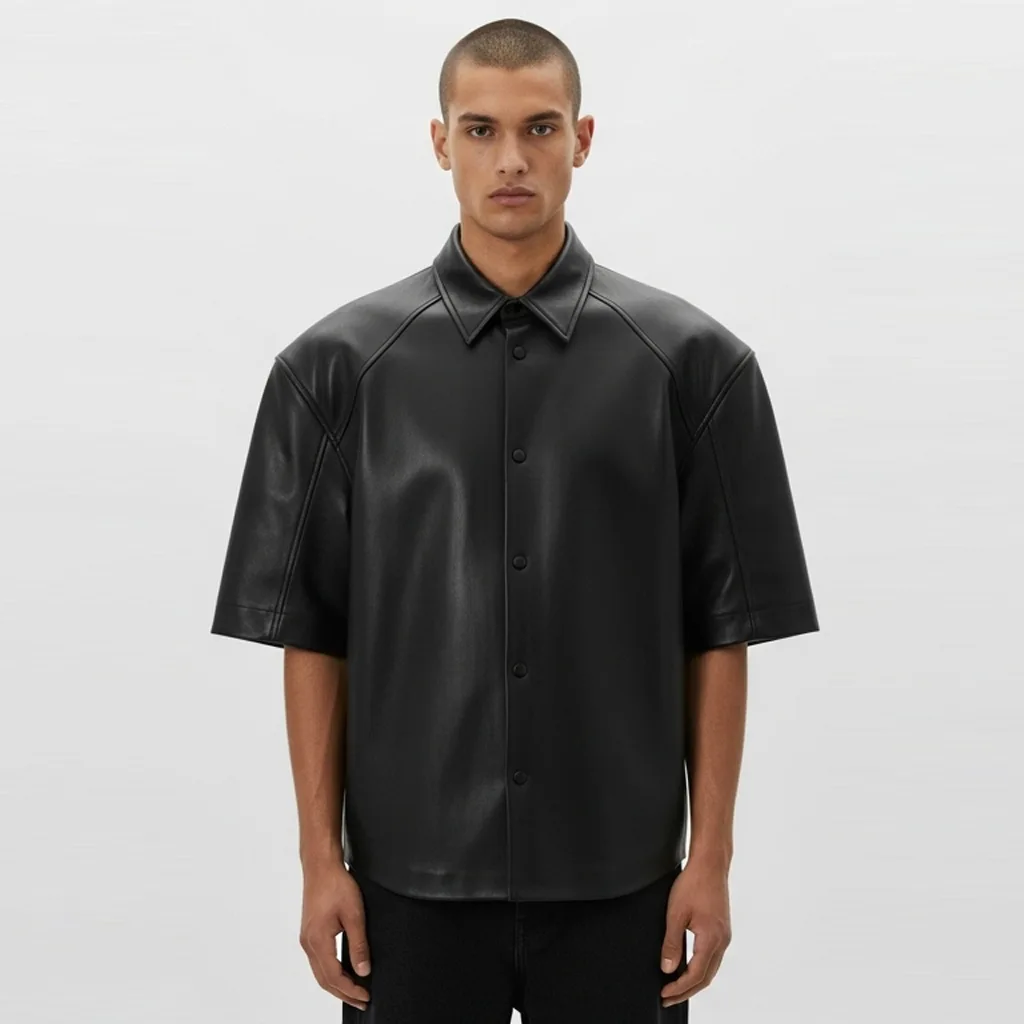 Custom Oversized Short Sleeve Leather Shirt for Men