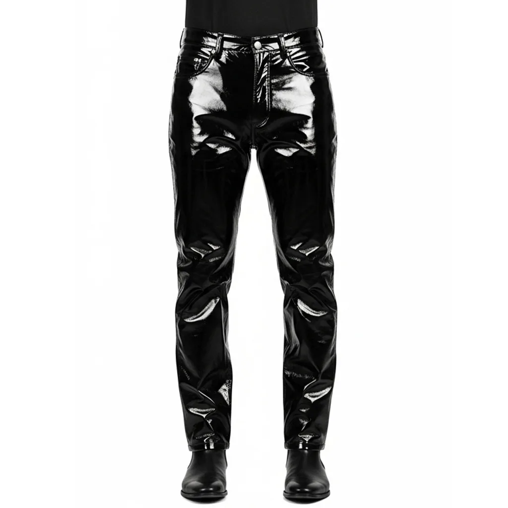 black patent leather pants obsidian shine front view