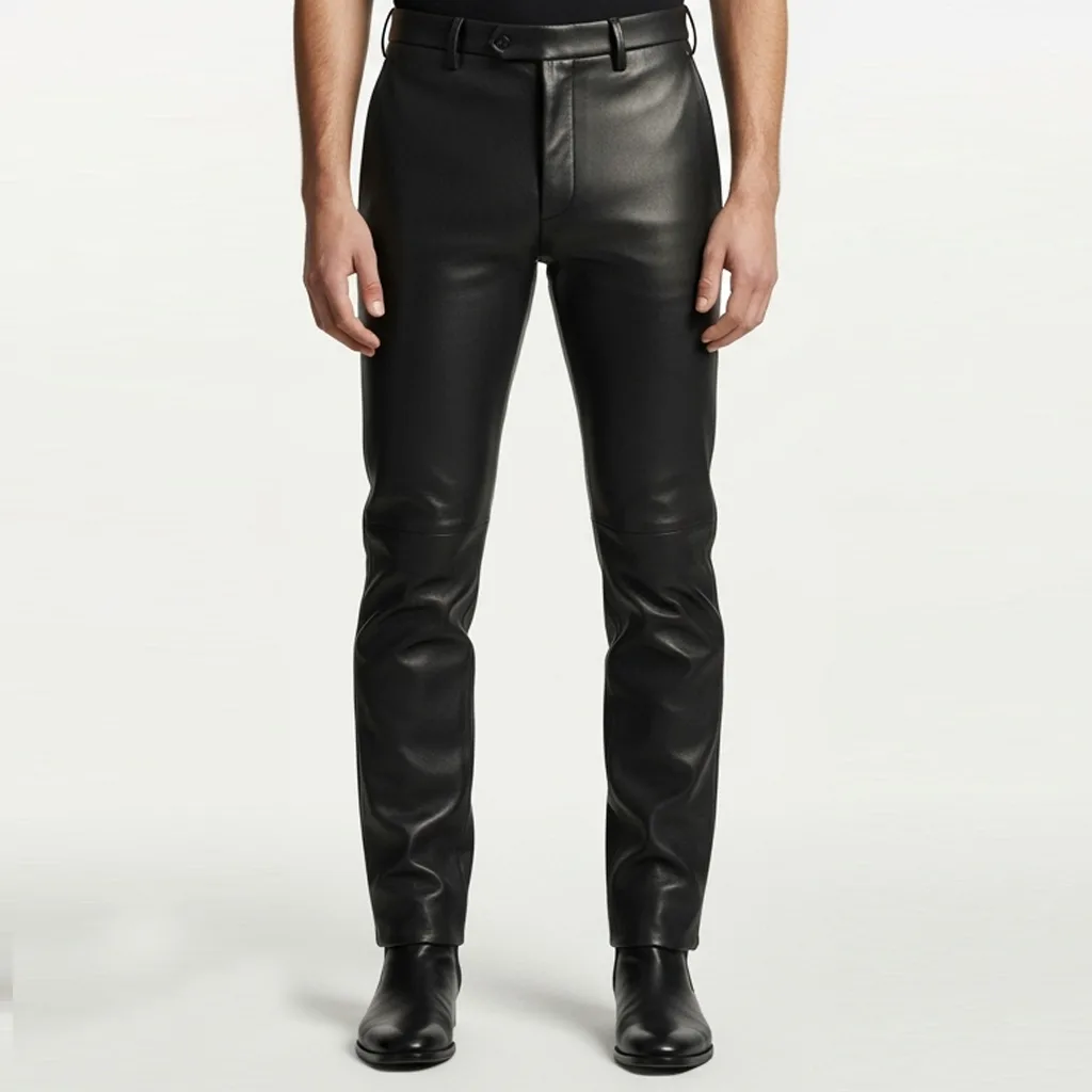 black leather straight-leg trousers obsidian trace leather trousers front view