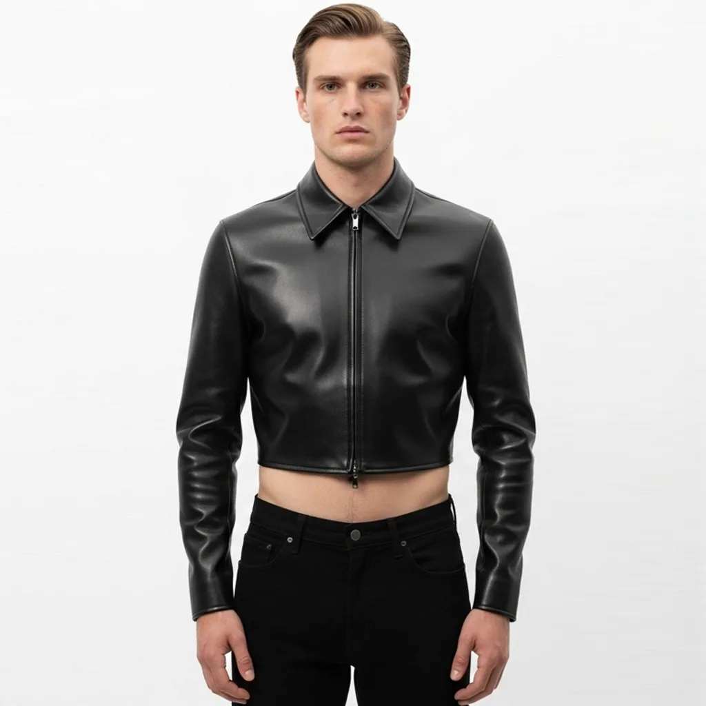 black cropped leather shirt onyx shave front view