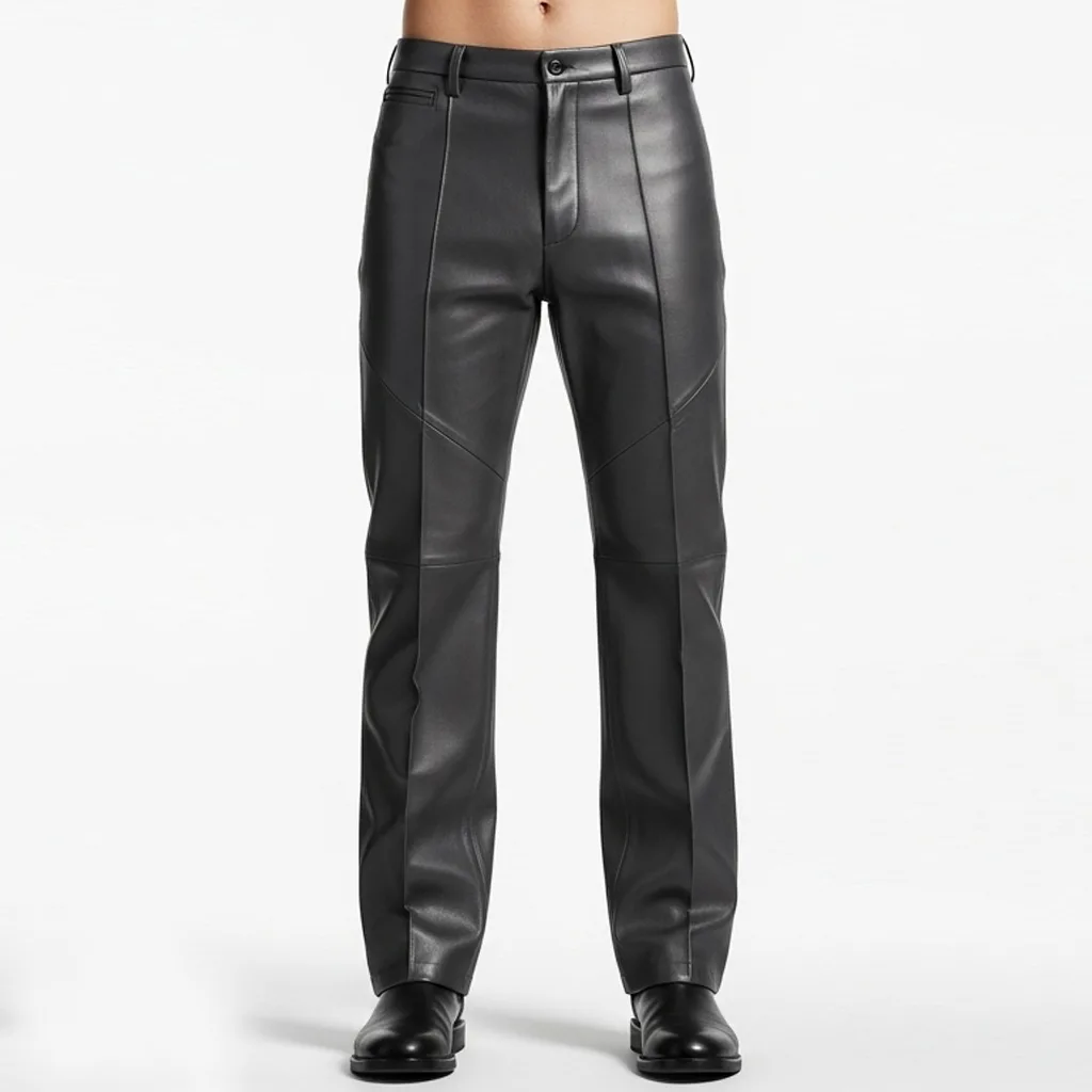 phantom grey leather trousers phantom grey straight leather trousers front view