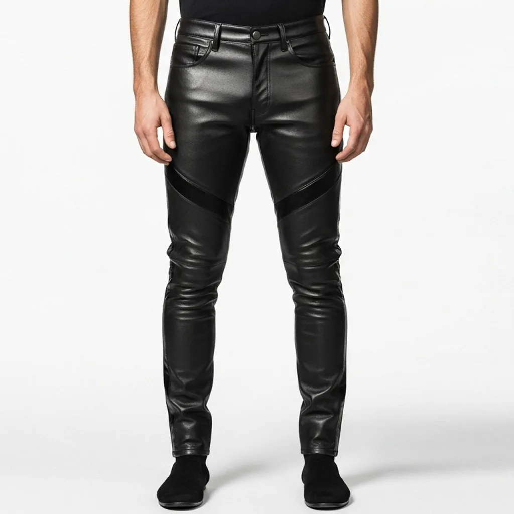 black contrast panel leather pants pitchline panel front view