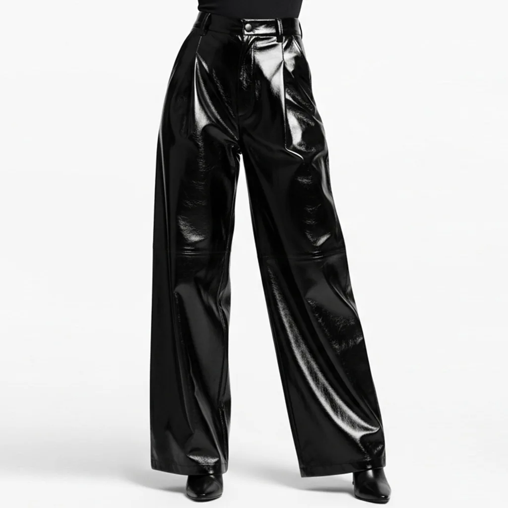 black wide leg patent leather pants raven dusk front view