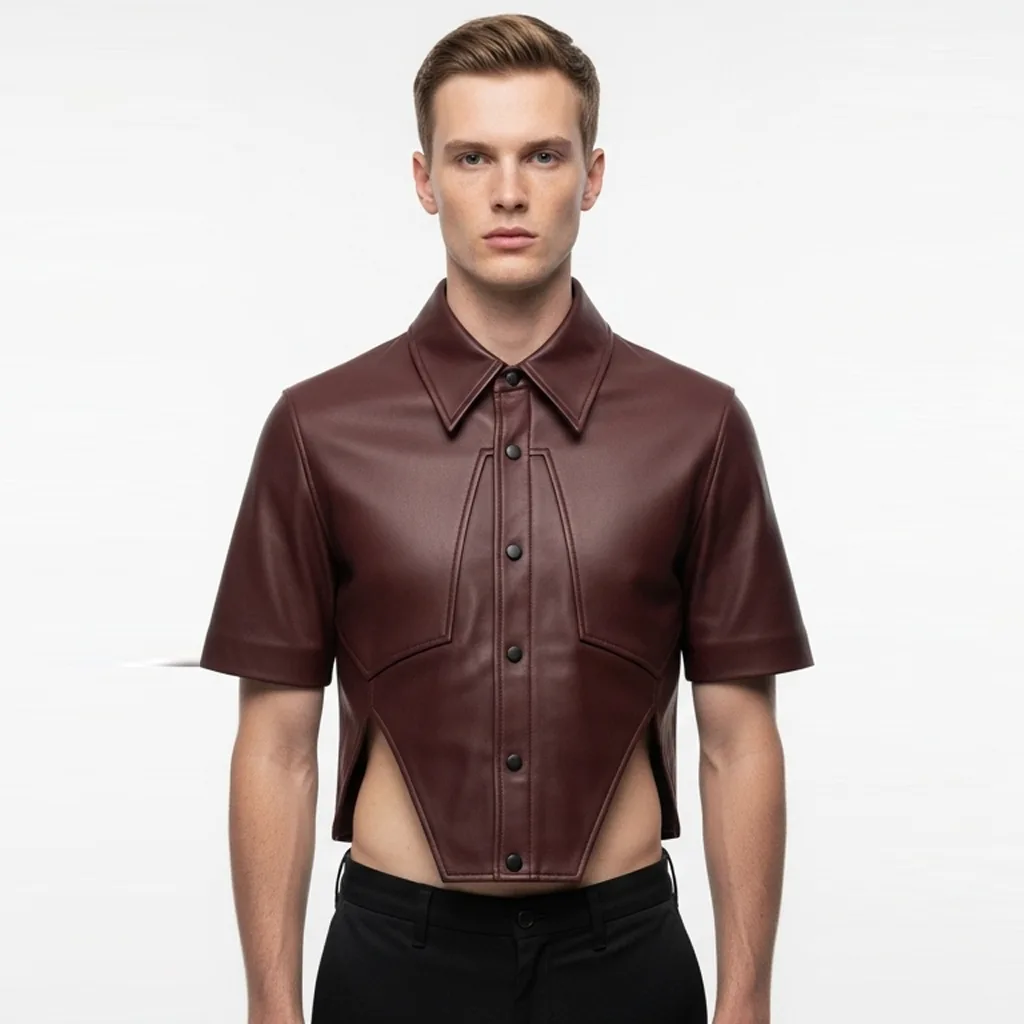 burgundy cropped leather shirt rogue edge front view