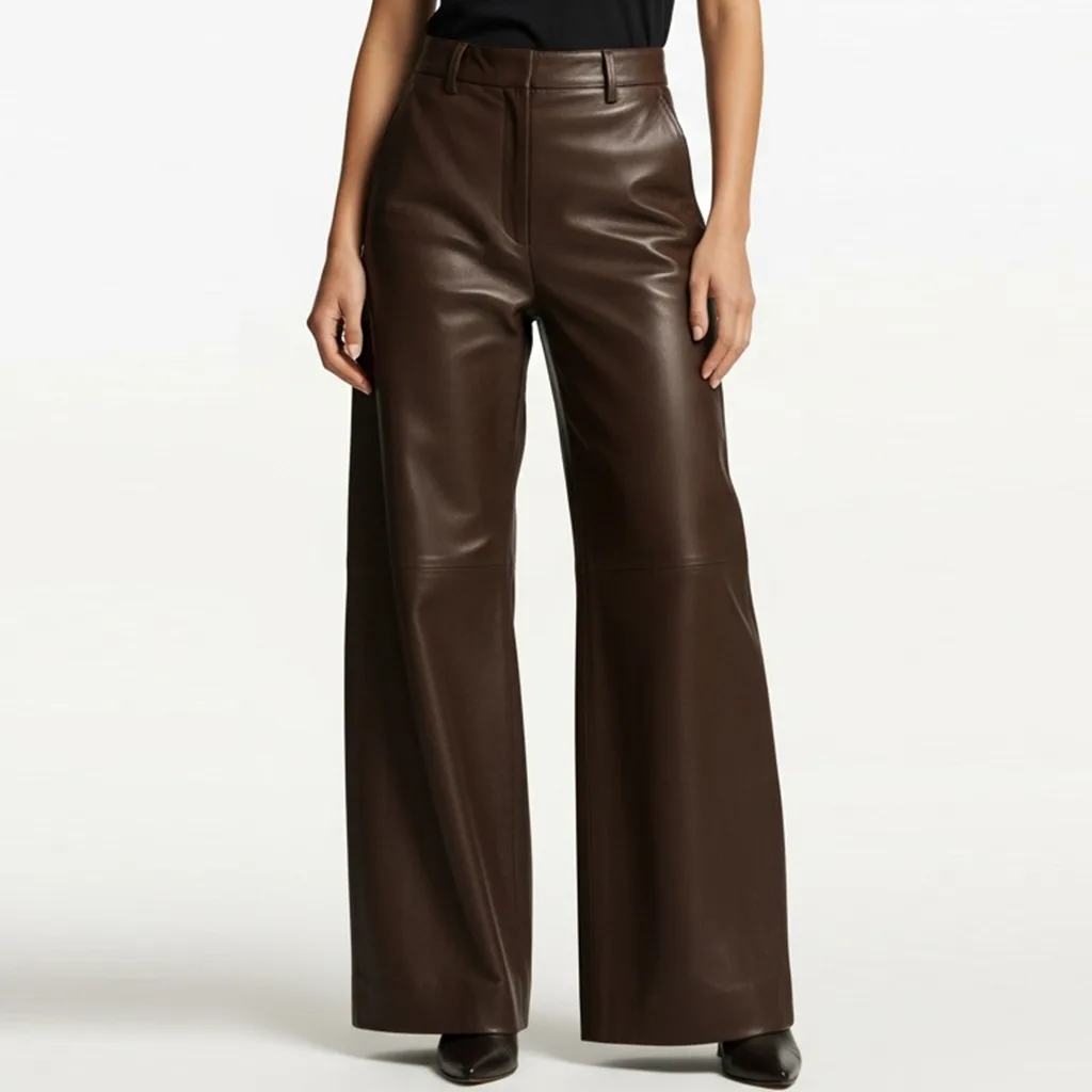 brown wide leg leather trousers sable fluid front view