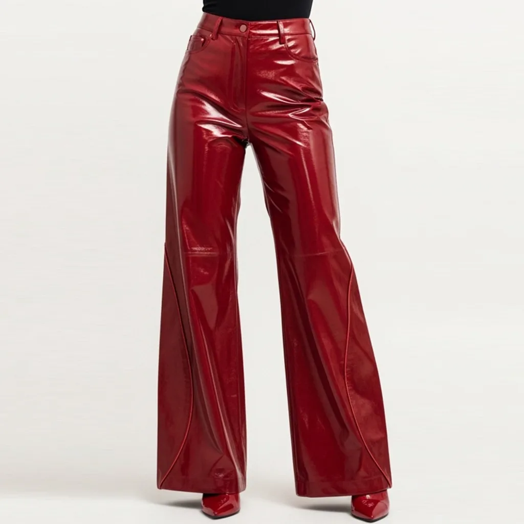 red patent leather flared trousers scarlet fall front view