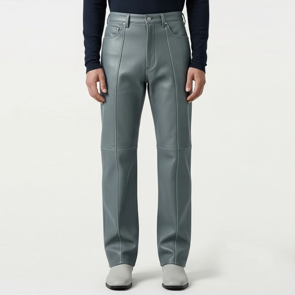 slate grey leather pants slate thread straight front view