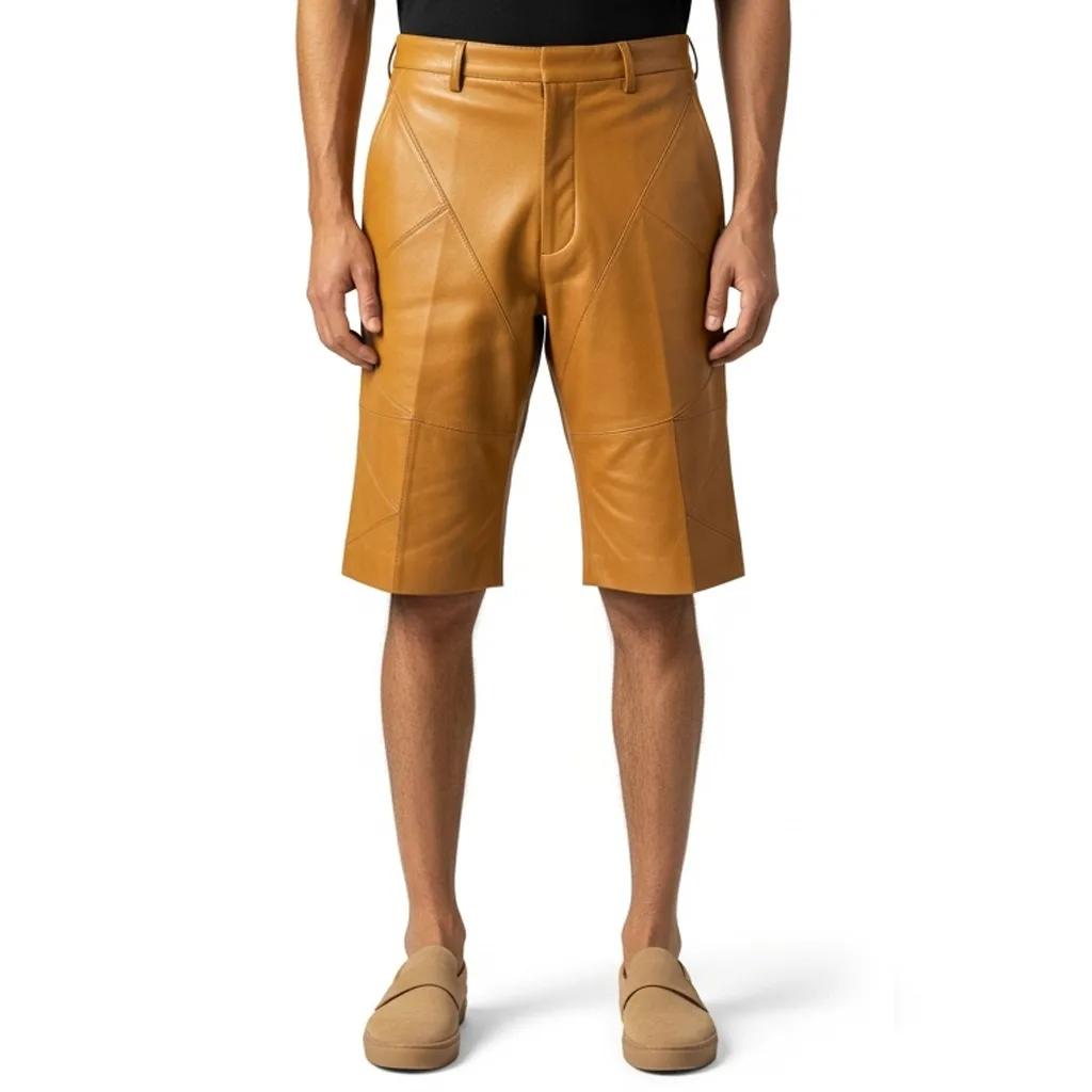 caramel leather shorts solar code front view