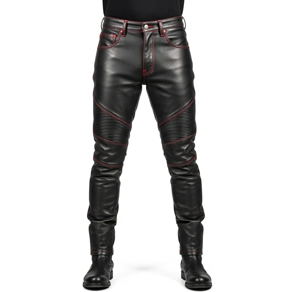 black leather biker pants with red stitching stormfire front view black leather biker pants with red stitching stormfire front view