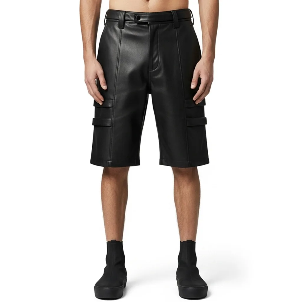 black leather cargo shorts strapline core front view