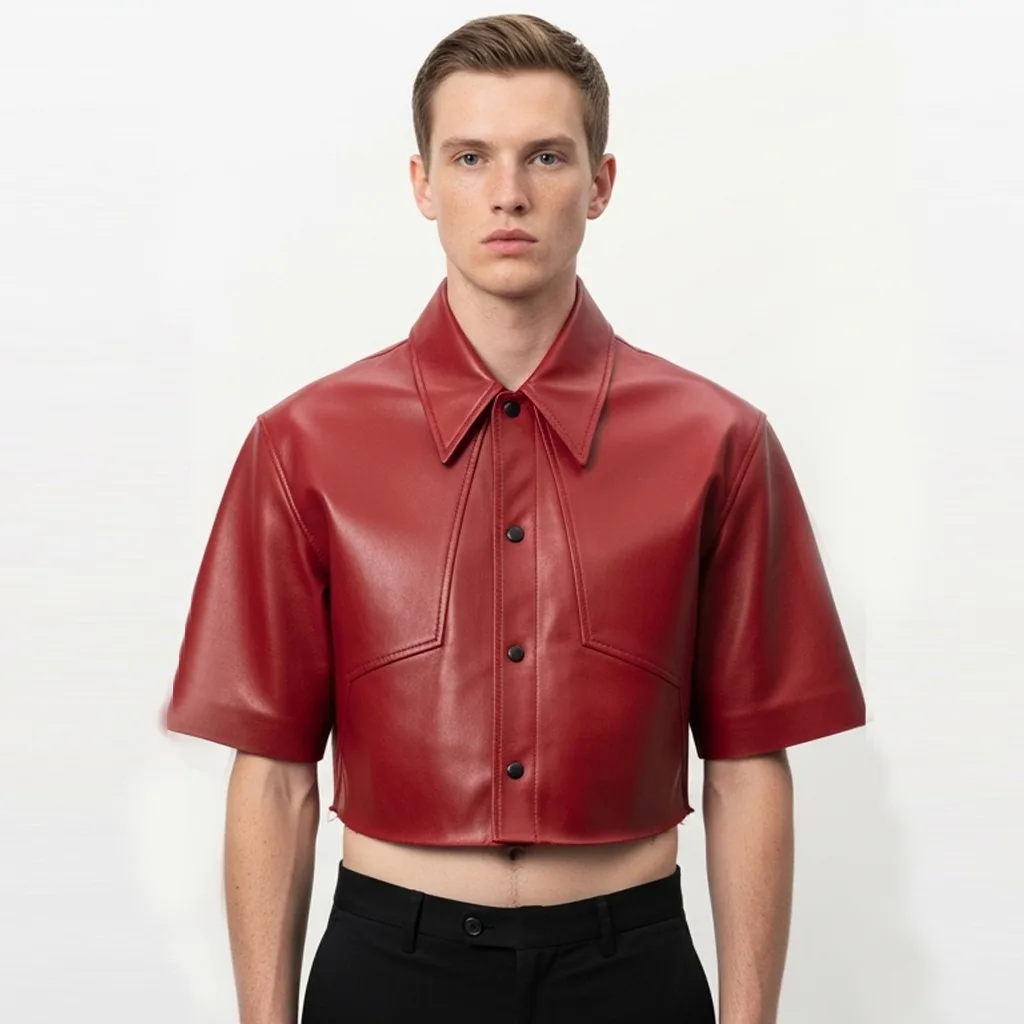 cropped red leather shirt trigger guard front view