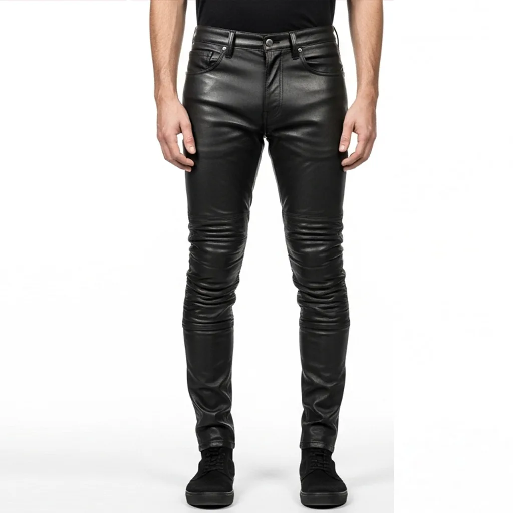 men’s black ruched faux leather pants crush graphite front view men’s black ruched faux leather pants crush graphite front view