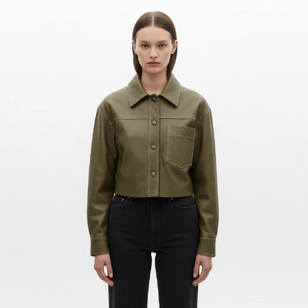 olive cropped leather shirt olive slice front view