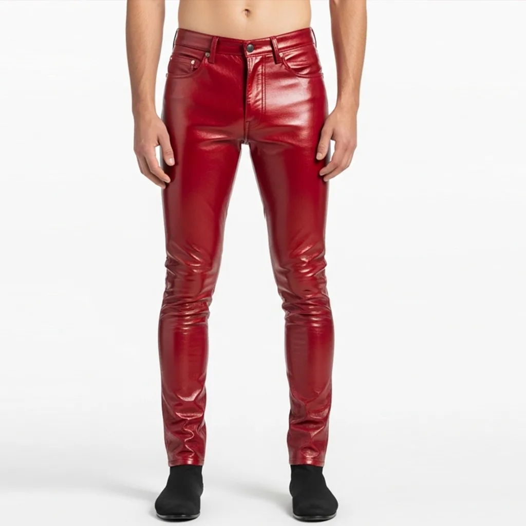 men’s red faux leather pants crimson drip front view