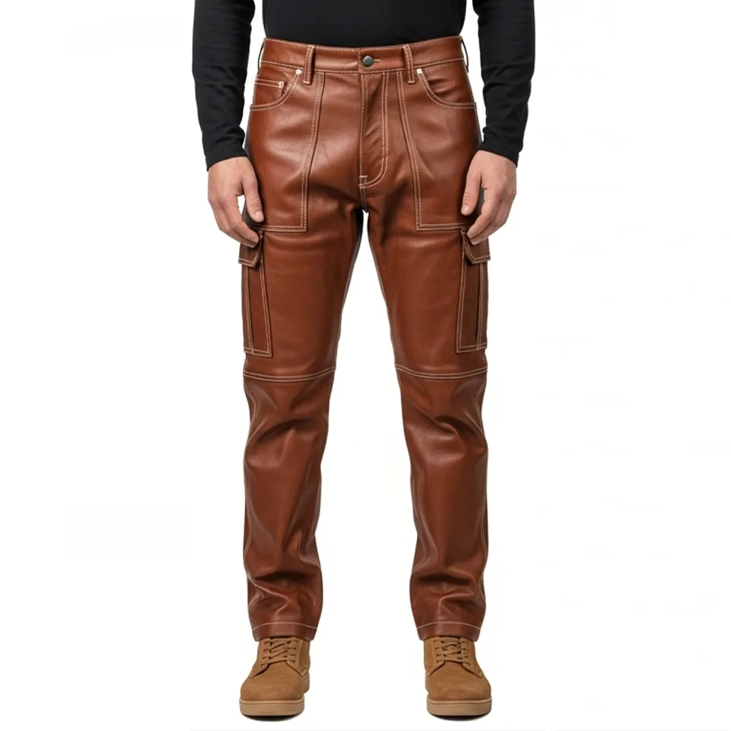 brown leather cargo pants for men hazel forge side view