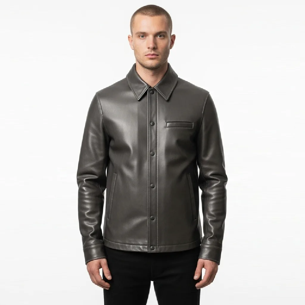 steel grey faux leather shirt steel wrap front view