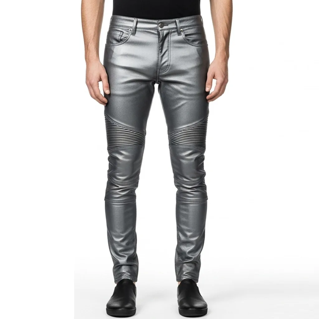 metallic slim-fit moto jeans frostbite steel side view